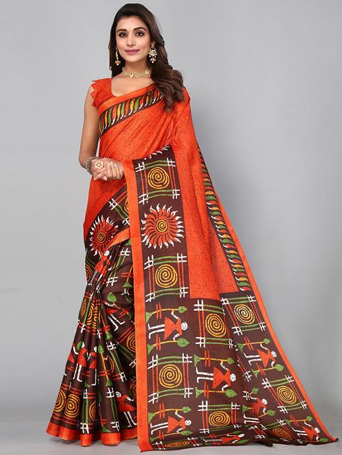 orange art silk printed woven saree with blouse - 19568798 - Very Small Image - 1