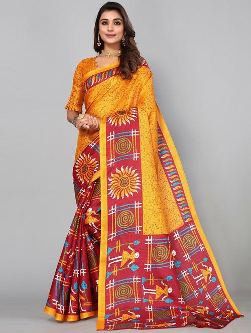 yellow art silk printed woven saree with blouse - 19568799 - Very Small Image - 1
