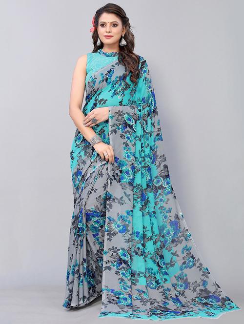 light blue georgette printed woven saree with blouse - 19568811 - Very Small Image - 1