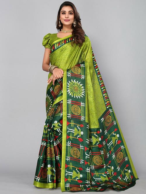 green art silk printed saree with blouse - 19568822 - Very Small Image - 1