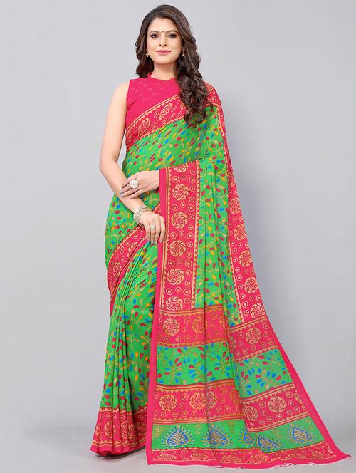 green georgette printed woven saree with blouse - 19568830 - Very Small Image - 1