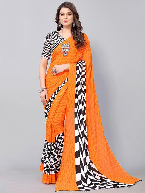 orange georgette printed woven saree with blouse - 19568834 - Very Small Image - 1