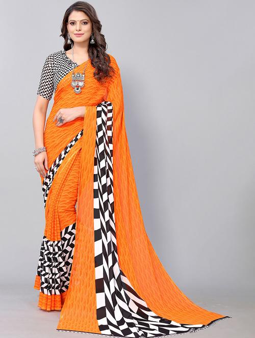 orange georgette printed woven saree with blouse - 19568872 - Very Small Image - 1