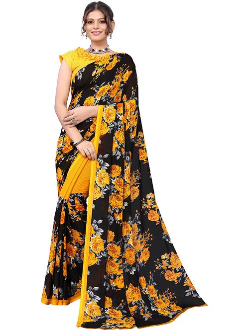 yellow georgette printed woven saree with blouse - 19568875 - Very Small Image - 1