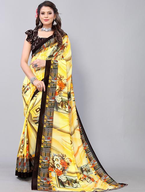 yellow georgette printed woven saree with blouse - 19568881 - Very Small Image - 1