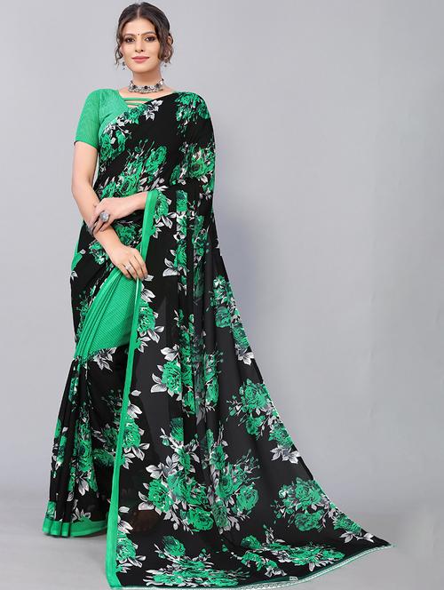 green georgette printed woven saree with blouse - 19568901 - Very Small Image - 1