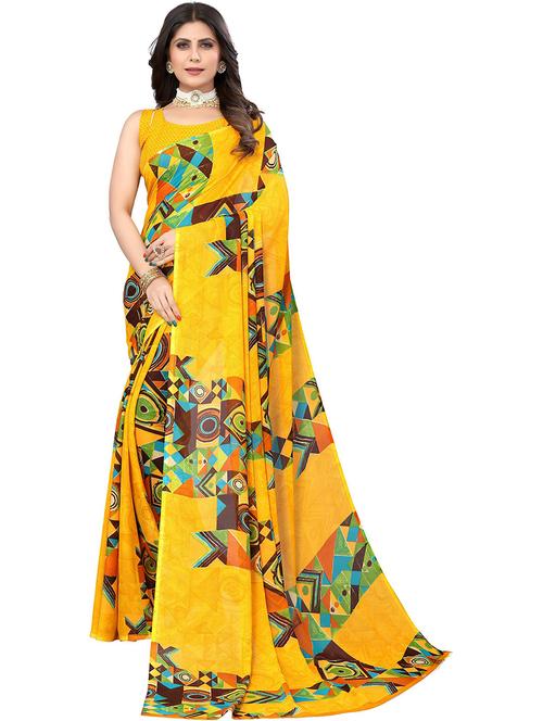 yellow georgette printed woven saree with blouse - 19568907 - Very Small Image - 1