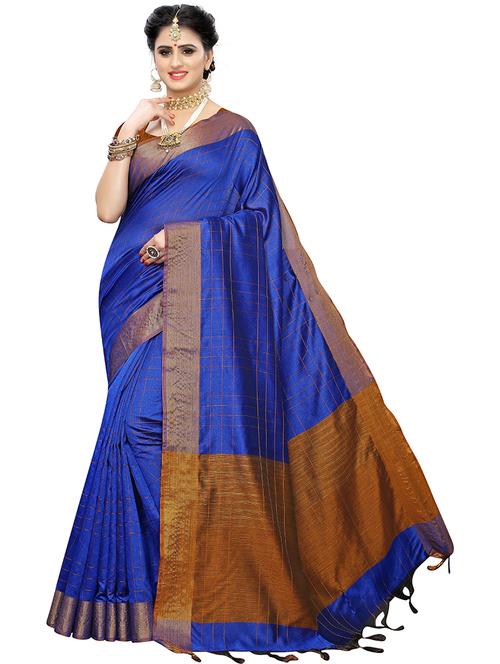 blue cotton blend check ikkat saree with blouse - 19568914 - Very Small Image - 1