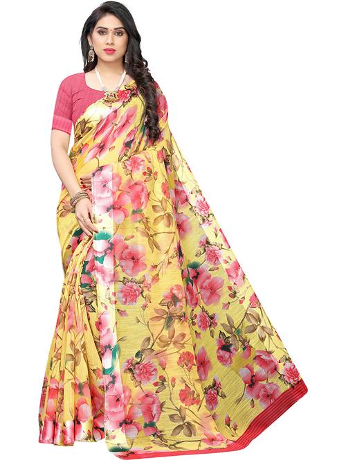 yellow cotton blend printed woven saree - 19568927 - Very Small Image - 1
