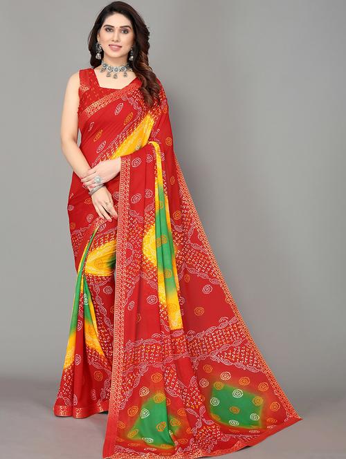 red georgette bandhani saree with blouse - 19568931 - Very Small Image - 1