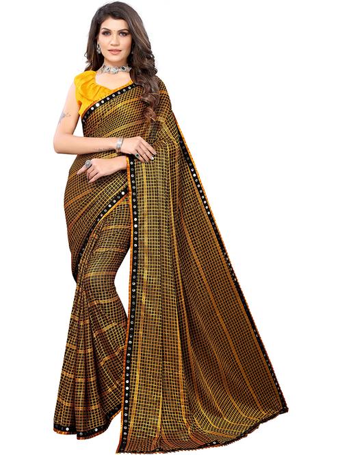 yellow lycra blend check saree - 19568935 - Very Small Image - 1