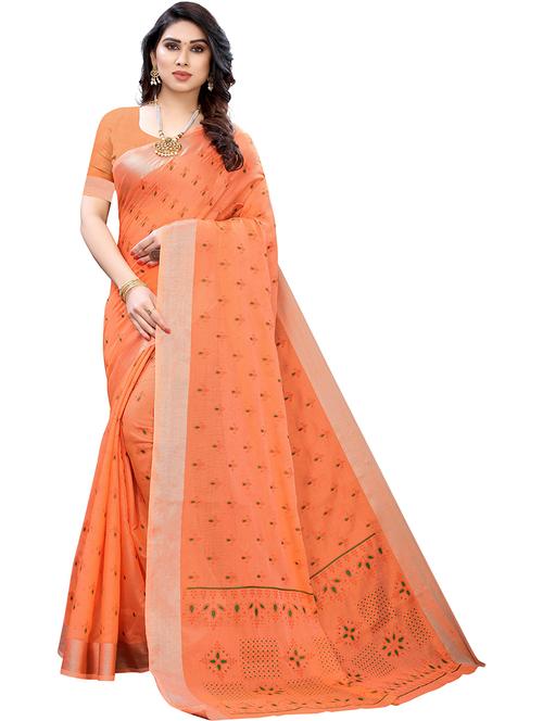 orange cotton blend printed woven saree with blouse - 19568938 - Very Small Image - 1