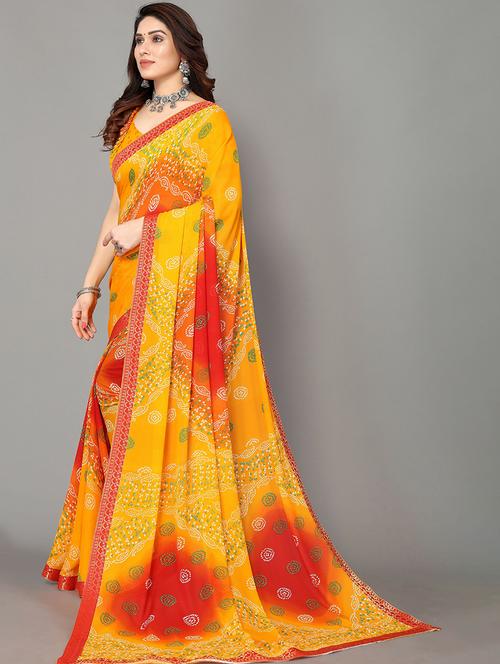 yellow georgette bandhani saree with blouse - 19568948 - Very Small Image - 1