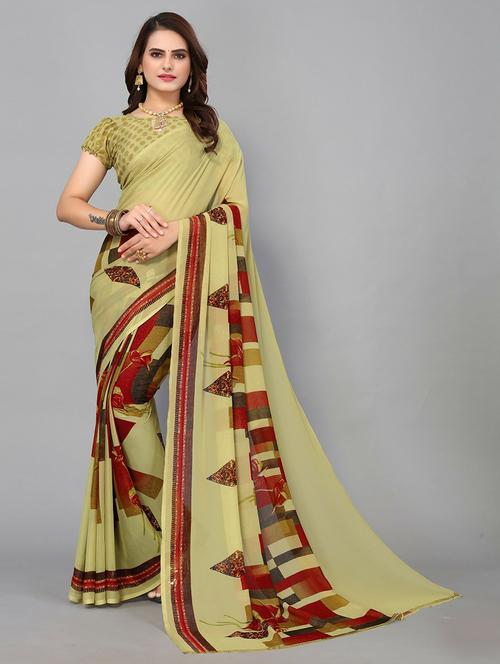 light green georgette woven printed saree with blouse - 19568976 - Very Small Image - 1