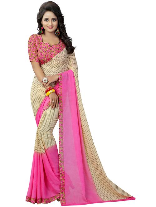 beige georgette woven printed saree with blouse - 19569009 - Very Small Image - 1