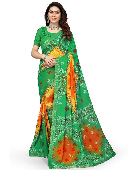 green georgette bandhani saree with blouse - 19569020 - Very Small Image - 1