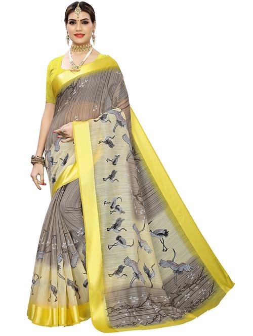 yellow cotton blend woven printed saree with blouse - 19569021 - Very Small Image - 1