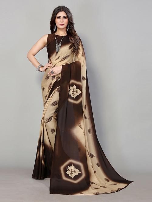 beige georgette printed saree with blouse - 19569027 - Very Small Image - 1