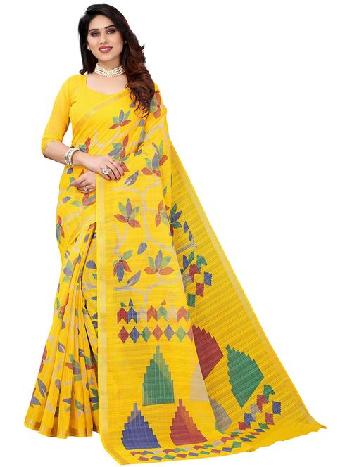 yellow cotton blend woven printed saree with blouse - 19569039 - Very Small Image - 1