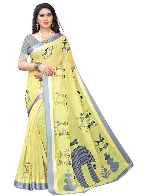 yellow linen woven printed saree with blouse - 19569054 - Very Small Image - 1