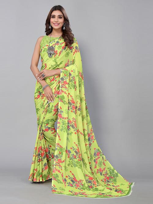 light green georgette floral print saree with blouse - 19569062 - Very Small Image - 1