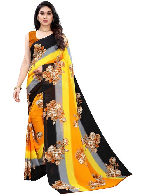yellow georgette floral saree - 19569076 - Very Small Image - 1