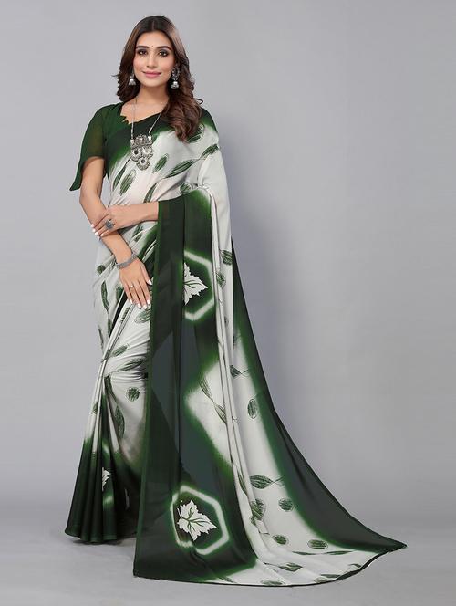 green georgette printed saree with blouse - 19569079 - Very Small Image - 1
