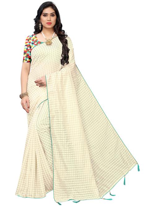 cream cotton blend woven check saree with blouse - 19569085 - Very Small Image - 1