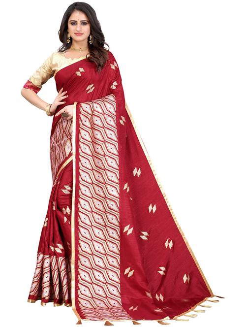 maroon silk blend woven printed saree with blouse - 19569092 - Very Small Image - 1