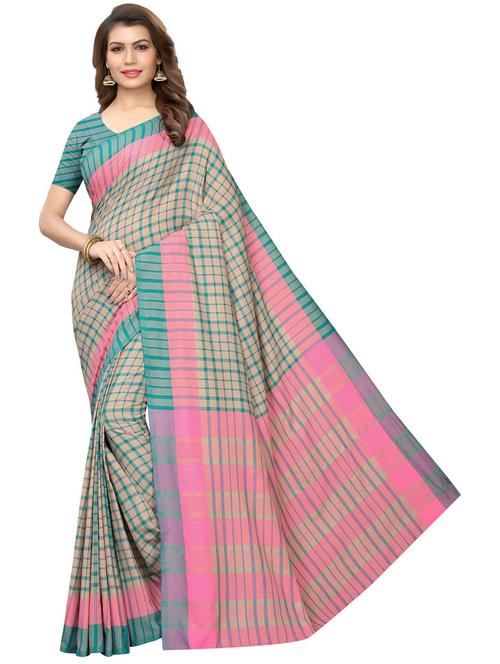 beige cotton silk check saree with blouse - 19569094 - Very Small Image - 1