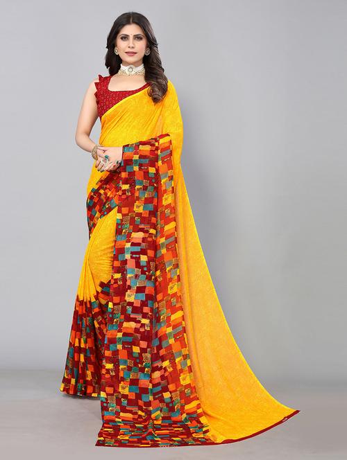 yellow georgette woven printed saree with blouse - 19569098 - Very Small Image - 1