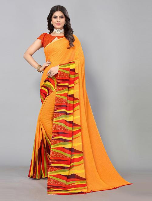 yellow georgette woven printed saree with blouse - 19569100 - Very Small Image - 1