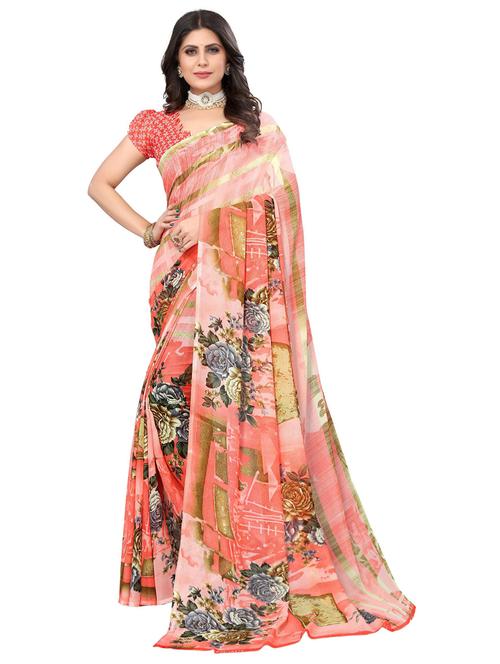 orange georgette woven floral saree with blouse - 19569122 - Very Small Image - 1