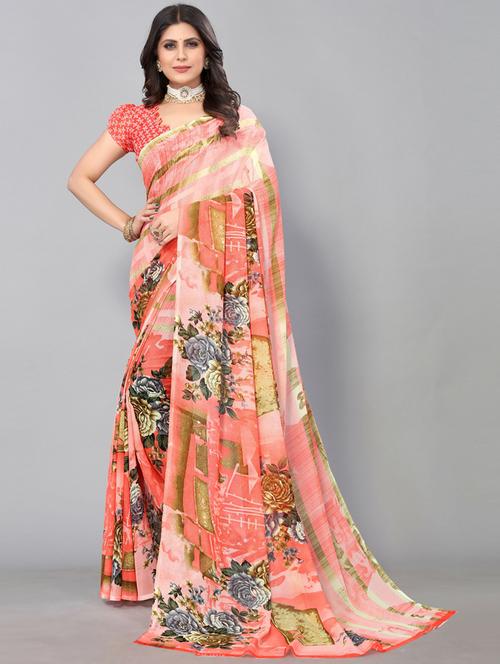 orange georgette woven floral saree with blouse - 19569123 - Very Small Image - 1
