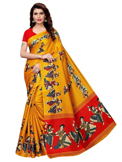 yellow woven silk blend baluchari print saree with blouse - 19569131 - Very Small Image - 1