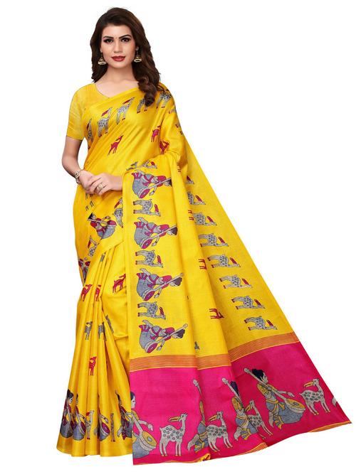 yellow woven cotton blend baluchari print saree with blouse - 19569132 - Very Small Image - 1
