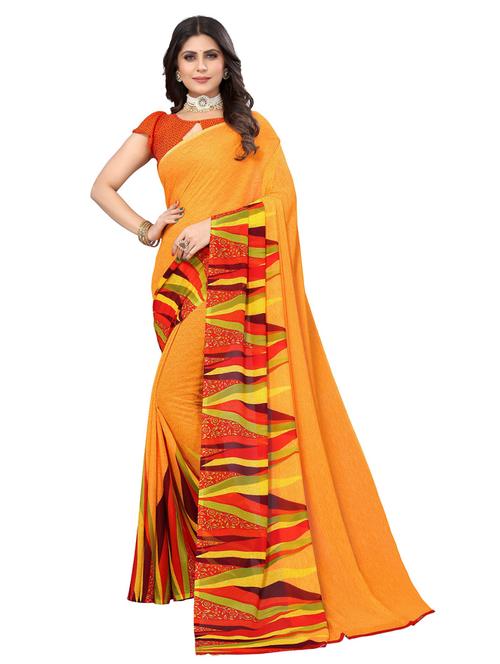 yellow georgette woven printed saree with blouse - 19569155 - Very Small Image - 1