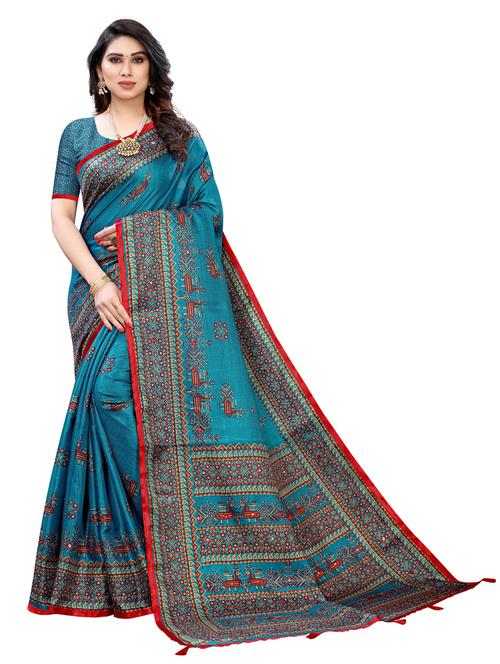 blue art silk woven printed saree with blouse - 19569185 - Very Small Image - 1