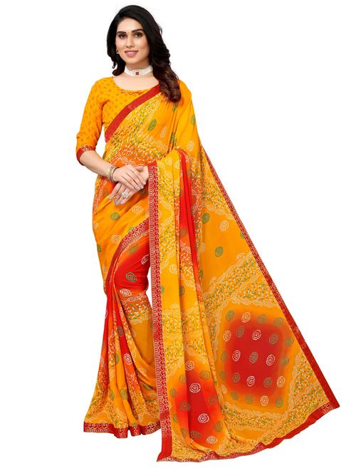 yellow georgette bandhani print saree with blouse - 19569193 - Very Small Image - 1