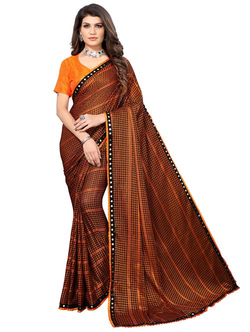orange lycra blend check saree with blouse - 19569204 - Very Small Image - 1