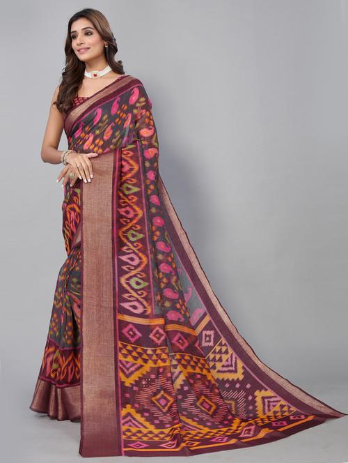 ikkat maroon printed saree with blouse - 19569440 - Very Small Image - 1