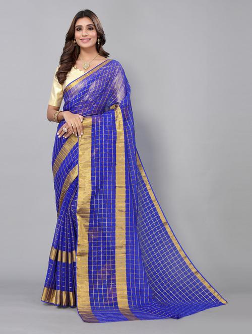 kota doria cotton blue saree with blouse - 19569515 - Very Small Image - 1