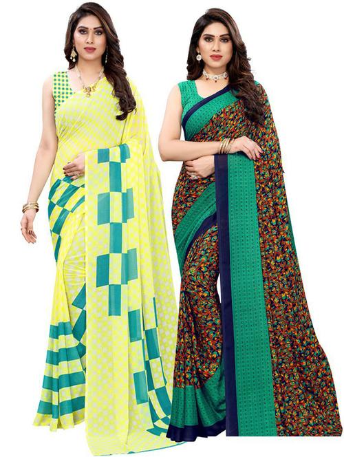 pack off 2 printed sarees with blouse - 19569607 - Very Small Image - 1