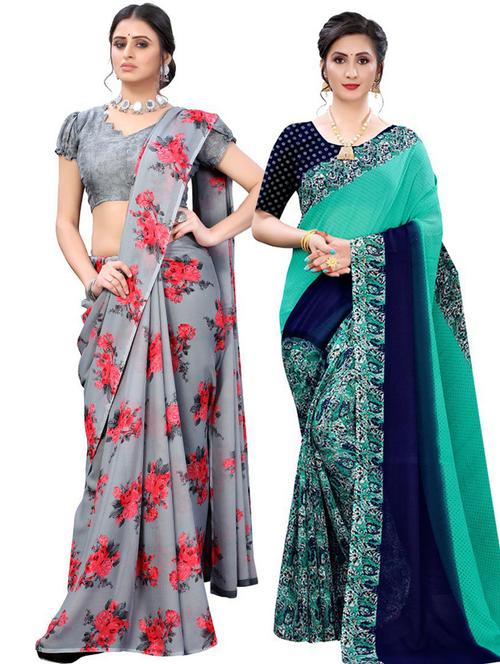 pack of 2 printed combo saree with blouse - 19570063 - Very Small Image - 1