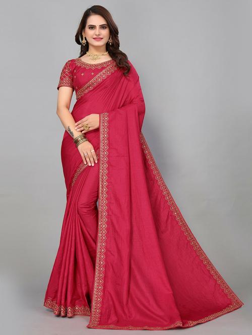 embroidered border plain saree with blouse - 19570312 - Very Small Image - 1