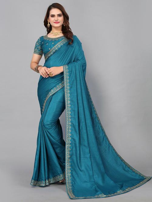 embroidered border plain saree - 19570350 - Very Small Image - 1