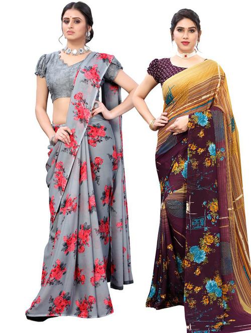 pack of 2 floral printed combo saree with blouse - 19570376 - Very Small Image - 1