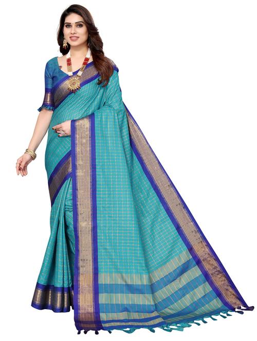 light blue cotton silk chettinadu saree with blouse - 19571280 - Very Small Image - 1