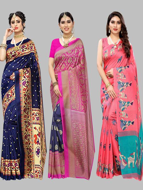 pack off 3 printed sarees with blouse - 19571310 - Very Small Image - 1