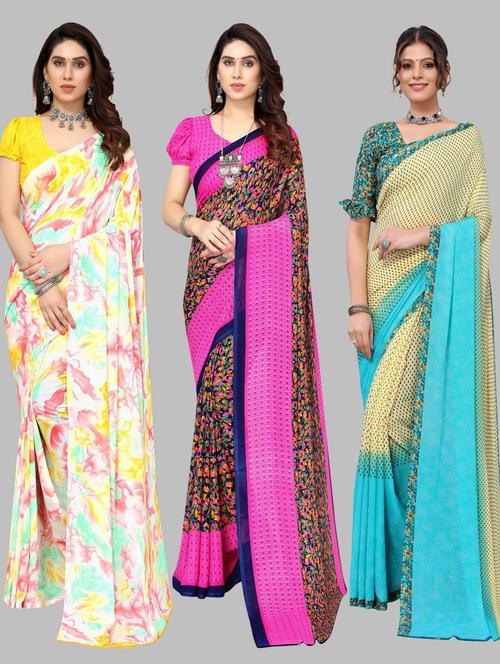 pack off 3 printed sarees with blouse - 19571754 - Very Small Image - 1